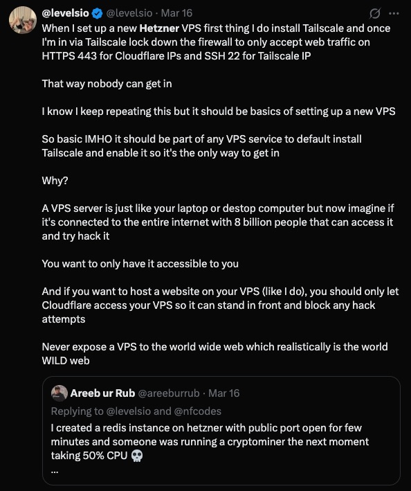 Levelsio tweet: Tailscale + Cloudflare lockdown for VPS